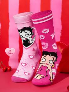 Betty Boop x SHEIN 2雙女款可愛卡通角色圖案中筒襪，禮物，XOXO，親吻，愛，禮物靈感，派對，節日，情人節 - 彩色 - 查看 2