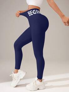 SHEIN Sports Sport Studio 女款高腰無縫修身緊身褲 - 彈性柔軟親膚 透氣四向伸展 適合跑步 騎單車 瑜珈 皮克球 運動 休閒 - 藏蓝色 - 查看 3