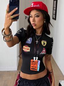 Coolane Sommer Damen Streetwear Ausgehen Lässig Vintage Y2K Athleisure Sport Schwarz Top, Basketball Trikot T-Shirt, Y2k, Sommer Top - Schwarz - Übersicht 3