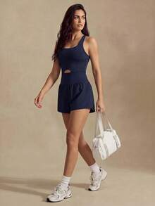 Glamine Women's One-Piece Navy Blue Fashion Summer Sports Fitness Running Jumpsuit - Navy Blue - View 2