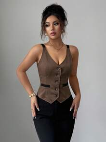Selianne 女款對比色單排扣休閒百搭日常外出上衣 - 棕色 - 查看 4