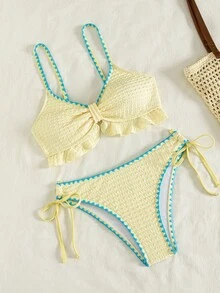 Swim Vcay Setelan Atasan dan Celana Panjang Lurus untuk Liburan Musim Panas di Pantai untuk Wanita, Terbuat dari Kain Khusus Warna Polos dengan Aplikasi Bunga - Kuning - View 4