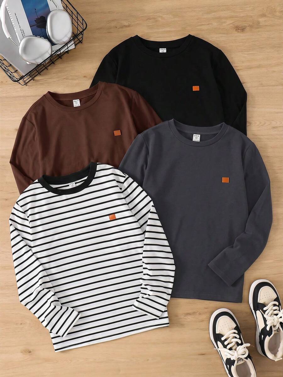 SHEIN 青少年男孩條紋拼接圓領長袖時尚休閒T恤 4件/組 - 彩色 - 查看 1