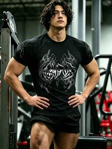 GymBeat 男士時尚百搭哥德式印花圓領短袖運動T恤，健身房適用 - 黑色 - 查看 7
