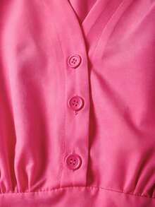 Rometta French Elegant Solid Color V-Neck Long Sleeve A-Line Dress - Hot Pink - View 5