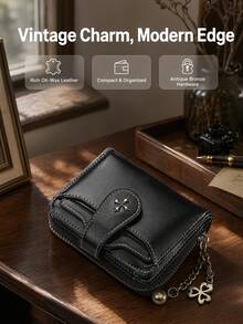 Muroi Mono 1Pc Zipper Coin Purse, Retro Oil-Wax Leather With Clover Chain Charm, Multi Card Slots, Lightweight Storage For Daily Errands. - Multicolor - View 11