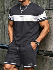 Manfinity Roughcore Men's Classic Colorblock New York Letter Print T-Shirt And Shorts Set, Holiday - Multicolor - View 2