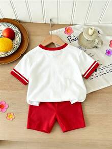 Souflis Souflis 2 Stücke Set Mädchen Kleinkind Lässig, Kirschen-Buchstaben-Muster Farbblock Rundhals Kurzarm Top mit einfarbigen roten Shorts mit elastischem Bund, geeignet für Ausflüge, Einkaufen und tägliches Tragen im Frühling und Sommer - Verschiedenfarbig - Übersicht 2