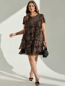 Chikora Plus Size Women's Leopard Print Round Neck Short Sleeve Ruffle Hem Loose Fit Dress - Multicolor - View 7