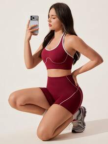 SHEIN Dewbera 1套勃艮第紅無縫女款運動套裝，掛脖無袖，柔軟舒適修身，適合健身、跑步、休閒、瑜伽，女款運動服，夏季兩件套，女款健身套裝，女款運動服，夏季套裝，健身服，女款運動服，兩件套，女款運動服，運動套裝，健身套裝，女款健身服，女款運動套裝，健身套裝，兩件套，健身套裝 - 酒紅色 - 查看 8