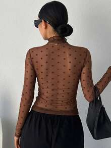 DAZY 女款立領波點修身透視休閒上衣 - 咖啡棕 - 查看 3