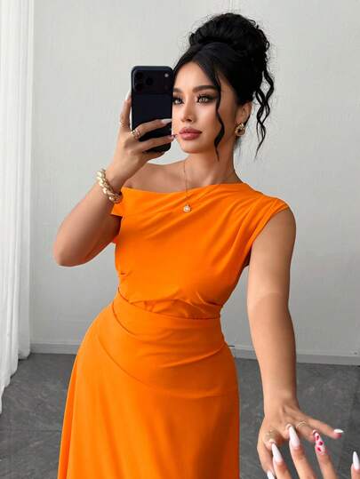 Elenzga Vestido de mujer talla grande de verano nuevo naranja con escote asimétrico, cintura plisada, efecto adelgazante, elegante, de moda, exquisito, falda completa, tejido vintage. Noche/Banquete. Vacaciones/Viajes. Cita.