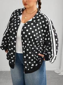 SHEIN CURVE+ 新款極簡波點大尺碼秋季夾克，休閒寬鬆高領單件，2026冬季 22W 時尚週黑色 - 黑色 - 查看 5