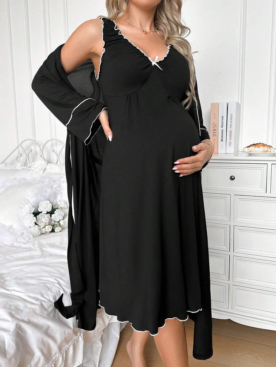 Moonlight&Mama 休閒素色蝴蝶結套頭V領背心洋裝與長袍2件組孕婦居家服套裝 - 黑色 - 查看 1