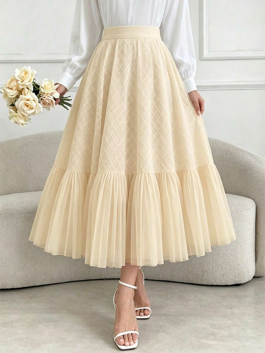 SHEIN 女士时尚、优雅、百搭的雪纺A字褶裥半身裙,适合通勤,是夏季的完美之选。 - 杏色 - 查看 1