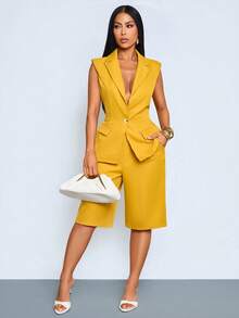 SOLERSUN Women's Old Money Aesthetic Mustard Yellow Sleeveless Blazer Vest Utility Pocket Shorts Co-Ord Set, Business Casual Outfit, Office Style Summer - Yellow - View 3