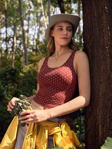 WanderVale 1pc Women's Dark Coffee Polka Dot Sleeveless Knit Seamless Comfortable Stretchy Tank Top - Coffee Brown - View 5