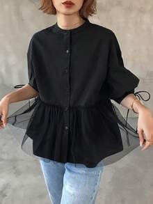 FRIFUL Women's Summer Solid Color Contrast Mesh Pleated Drawstring Tie Bow Loose Casual Versatile Blouse - Black - View 4
