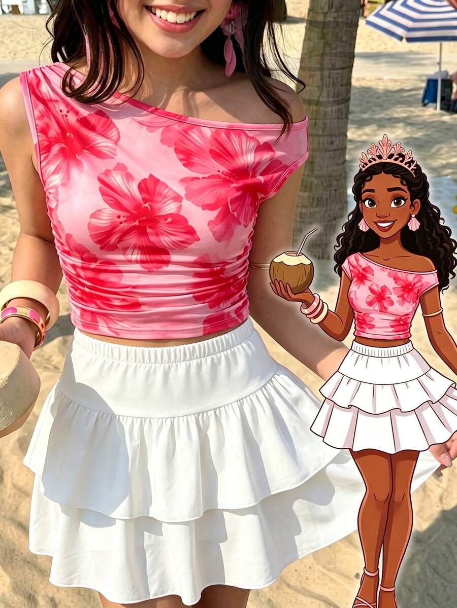 SHEIN Tween女孩 2件組新款迷你套裝 時尚休閒度假風 舒適彈性針織提花 藍色 - 彩色 - 查看 1