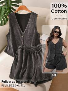 CosyJoli Plus Size Shorts Set Summer Casual 80s Traditional Western 1960s Modest 90s Washed 2 Pieces Women's Clothing With Pockets Grey Formal Vacation - Black - View 2