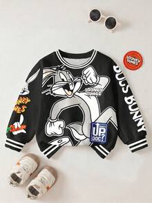 LOONEY TUNES X SHEIN 男婴休闲时尚街头卡通兔子字母印花撞色条纹滚边保暖卫衣，秋冬季 - 白色 - 查看 1
