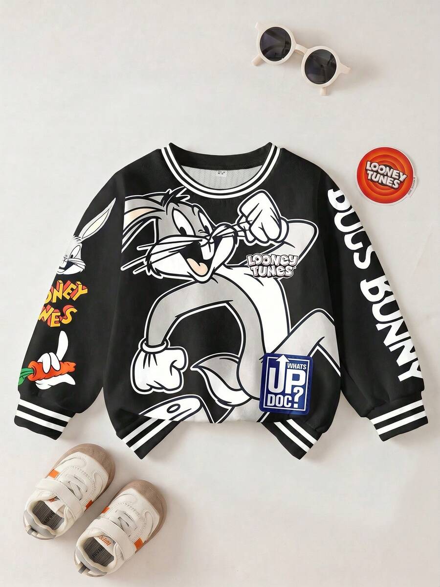 LOONEY TUNES X SHEIN 男婴休闲时尚街头卡通兔子字母印花撞色条纹滚边保暖卫衣,秋冬季 - 白色 - 查看 1