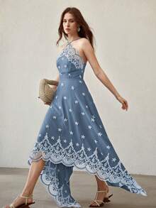 MOTF PREMIUM WOMEN'S BLUE FLORAL FLORAL EMBROIDERED ASYMMETRICAL HEM MIDI DRESS WEDDING GARDEN PARTY VACATION SUMMER SEXY ROMANTIC ELEGANT TROPICAL - Blue - View 5