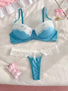 PetitDoll 女款內衣套裝，粉色布料與白色蕾絲飾邊拼接 + 鋼圈 + 蝴蝶結，度假派對，甜美小洋娃娃風格 - 淺藍色 - 查看 1