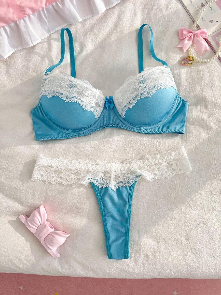 PetitDoll 女款內衣套裝,粉色布料與白色蕾絲飾邊拼接 + 鋼圈 + 蝴蝶結,度假派對,甜美小洋娃娃風格 - 淺藍色 - 查看 1