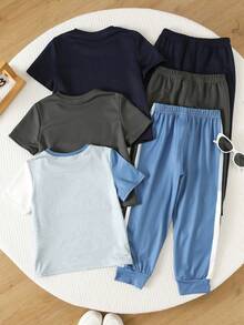 SHEIN 6件裝小男孩休閒學院風極簡百搭多件套裝，條紋印花圓領短袖T恤&長褲，寬鬆舒適百搭，適合外出、上學、度假、派對、運動，春、夏、秋季，6件套裝適合夏季，適合街頭風、日常、街頭風、外出、居家、度假，春&夏時尚，夏季穿搭，輕鬆舒適，兒童分層穿搭，時尚兒童，休閒穿著，兒童學院風 - 彩色 - 查看 4