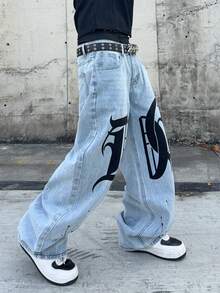 Manfinity EMRG Plus Size Men's Letter Print Button Half-Placket Pocket Casual Loose Wide Leg Jeans - Light Wash - View 6