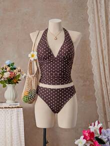 Bellisia 女款波點百褶掛脖式坦克比基尼上衣與三角比基尼褲兩件式泳衣套裝附裙擺，適合夏季度假與海灘 - 棕色 - 查看 5