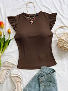 Soleia WYWH Vacation Ruffle Trim Ribbed Dark Brown Knit Tee Going Out Summer Casual - Coffee Brown - View 3