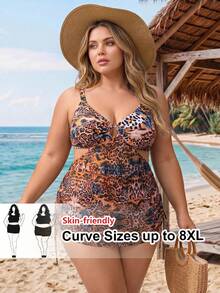 SHEIN CURVE+ Plus Size Women's Leopard Print Hollow Out Cami Swim Dress For Summer Beach - Brown - View 1