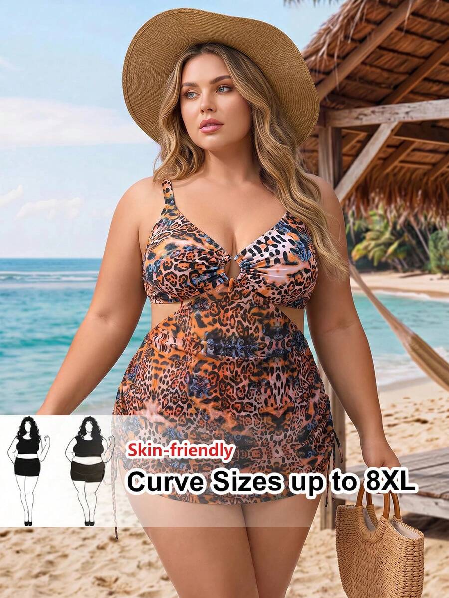 SHEIN CURVE+ Plus Size Women's Leopard Print Hollow Out Cami Swim Dress For Summer Beach - Brown - View 1