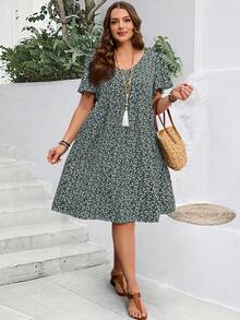 EMERY ROSE Vestido de vacaciones de verano con mangas con volantes y estampado floral pequeño para mujer de talla grande - Verde Oscuro - Ver 2