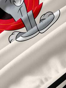 LOONEY TUNES X SHEIN 男童休闲时尚街头运动卡通兔子数字字母图案撞色保暖卫衣，秋冬款 - 白色 - 查看 6