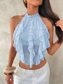 Aloruh Spring/Summer New Rave Tropical Backless Lace-Up Design Slit Baby Blue Elegant Multi-Layer Ruffle Decor Halter Neck Top, Tank Top - Baby Blue - View 7