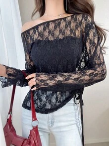 FRIFUL 女款純黑色透視蕾絲布料疊穿修身百搭長袖上衣可愛上衣 - 黑色 - 查看 2