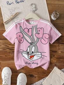 LOONEY TUNES X SHEIN Tween Girl Letter & Cartoon Graphic Pink Round Neck Short Sleeve T-Shirt - White - View 8