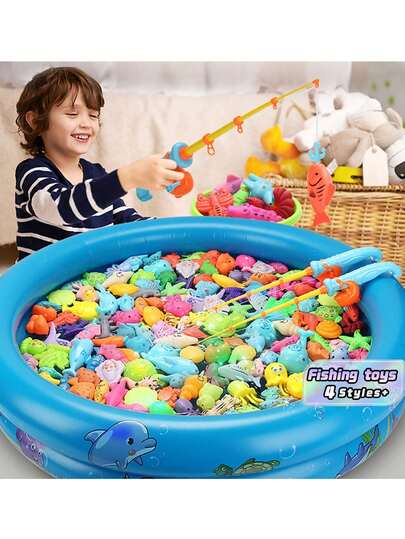 Magnetic Fishing Toy Set, A Variety Of Packaging Options, Children's Magnetic Fishing Toy Set Includes Magnetic Fishing Rod, Net, Square/Round Fishing Pool, Floating Plastic Fish, Interactive Fishing Game Set