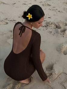 Firerie 女款春夏優雅性感極簡時尚辣妹海灘度假露背繫帶喇叭長袖針織透視白色迷你毛衣洋裝 - 棕色 - 查看 1