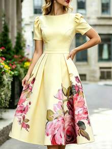 SHEIN 女款優雅花卉印花夏季長洋裝 - 黃色 - 查看 5