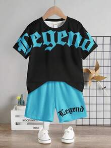 Kids Young Boy Round Neck Short Sleeve Printed Casual Simple T-Shirt And Shorts Set - Multicolor - View 2