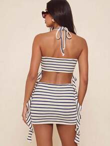 Soleia Women's Summer Casual Sexy Beach Vacation Festival Outfit: Blue And White Striped Knit Ruffled Asymmetrical Hem Camisole And Mini Skirt Set. - Multicolor - View 2