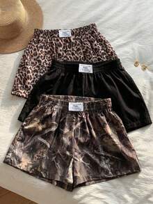 SHEIN EZwear Pantalones cortos casuales de talla grande, de unicolor, estampado de leopardo y gráfico, multicolor - Multicolor - Ver 1