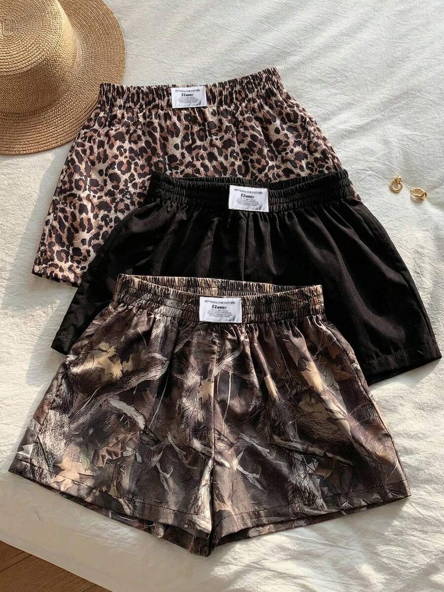 SHEIN EZwear Pantalones cortos casuales de talla grande, de unicolor, estampado de leopardo y gráfico, multicolor - Multicolor - Ver 1