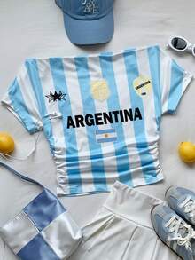 Comfortcana Striped Off-Shoulder Argentina World Cup Print T-Shirt, Jersey - Multicolor - View 4