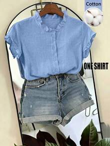Women's Solid Color Frill Trim Casual Versatile Daily Wear Shirt - Blue - View 5