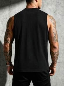 GymBeat 男士蜘蛛圖案運動背心，線條拼接無袖健身訓練背心，健身房適用 - 黑色 - 查看 2